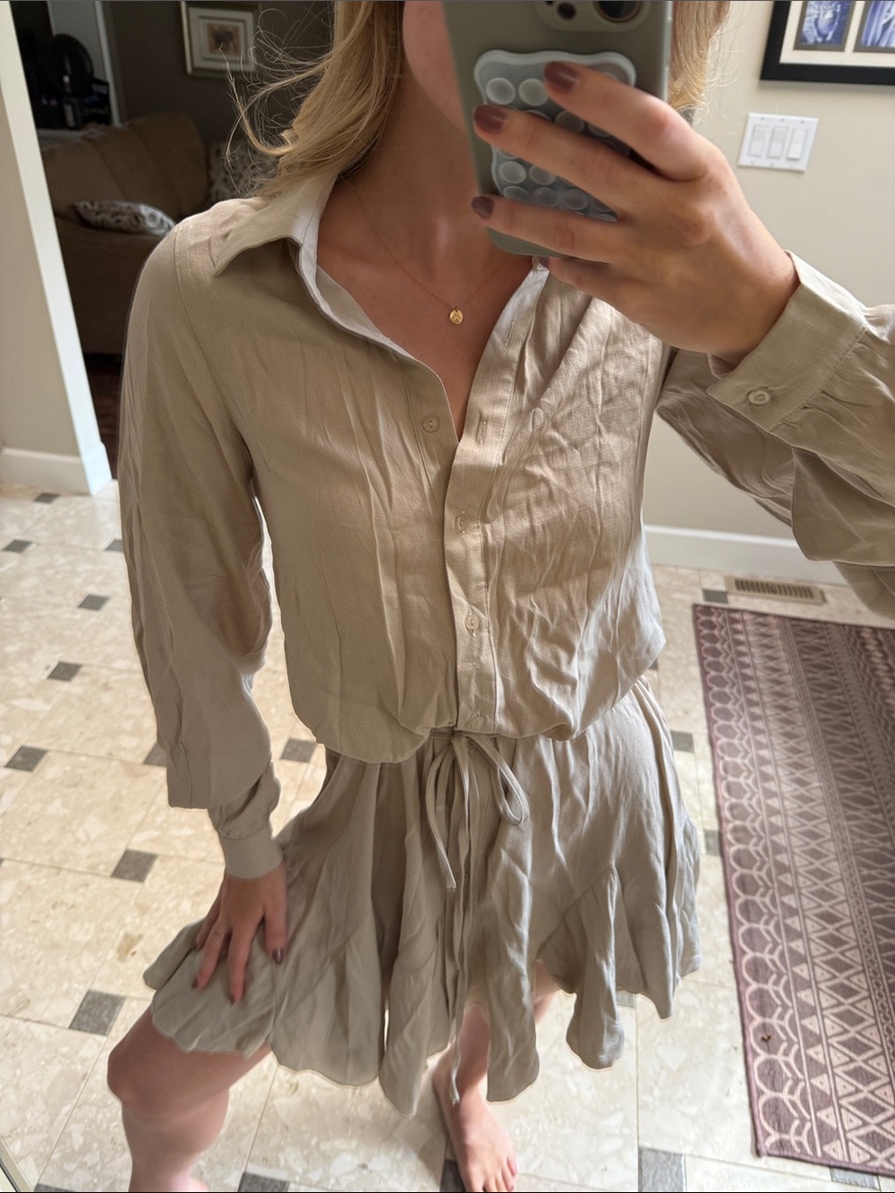 Light Beige Button-Front Tie-Waist Mini Dress